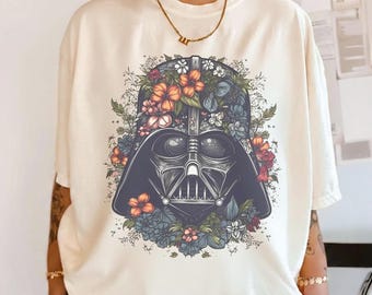 Camisa floral vintage de Darth Vader de Star Wars, retrato de Darth Vader, vacaciones en Disneyland, camiseta de Star Wars de Disney, camisetas para viajes familiares a Disney 2026
