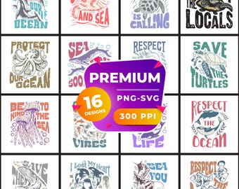 Bundel Respecteer de oceaan, red schildpad, lokale zee, sfeer, aarde, milieubewustzijn, SVG T-shirt, digitaal ontwerp, opwarming van de aarde, groene natuur, png PNGEgg