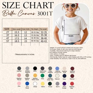 Puede incluir: Una tabla de tallas de camisetas blancas con medidas en pulgadas. La tabla enumera las tallas 2T a 5T, la longitud del cuerpo, el ancho del pecho, el peso y la longitud. El texto "SIZE CHART Bella Canvas 3001T" est&aacute; en la parte superior.