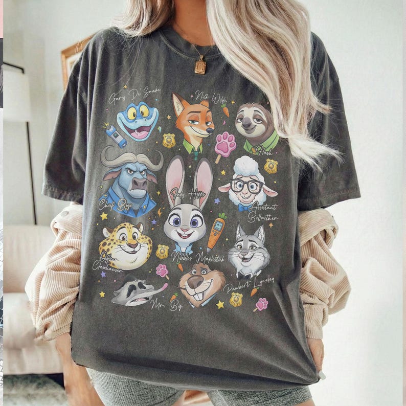 Retro Zootopia Characters With Signature Shirt, Judy Hopps Shirt, Nick Wilde Shirt, Retro Zootropolis Disney Tee, WDW Family 2026 Trip Tee Pepper/Charcoal