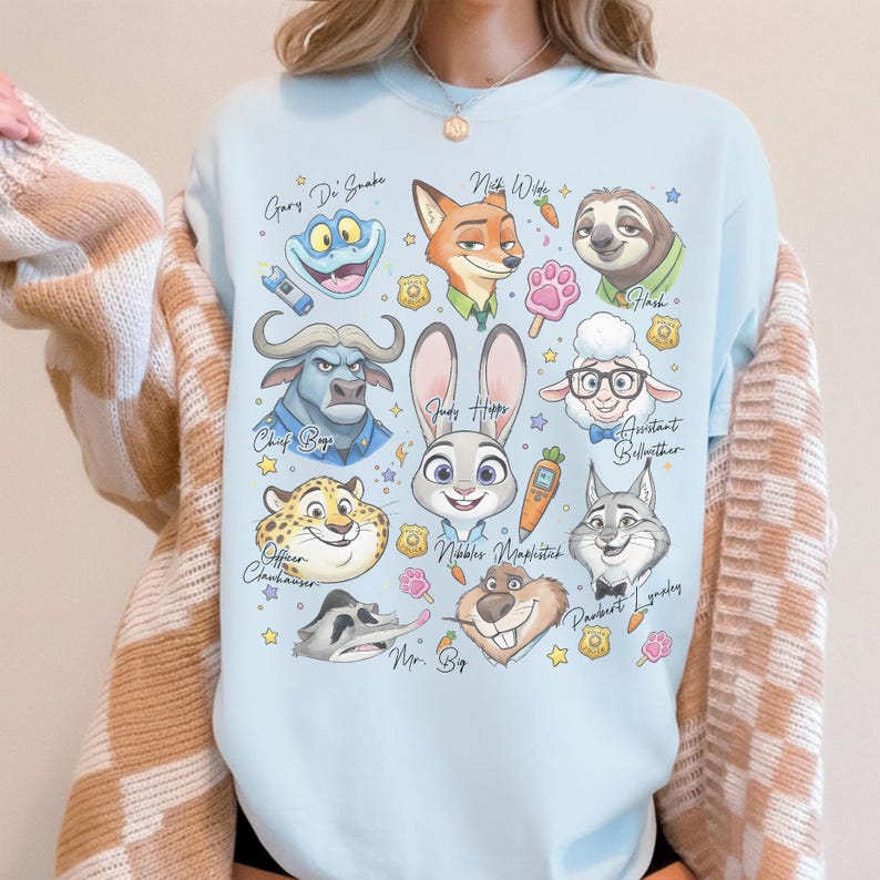 Retro Zootopia Characters With Signature Shirt, Judy Hopps Shirt, Nick Wilde Shirt, Retro Zootropolis Disney Tee, WDW Family 2026 Trip Tee Chambray/Light Blue