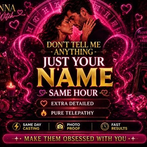 Puede incluir: Un gráfico digital que muestra a una pareja en un abrazo romántico rodeado de corazones de color rosa neón y un zodiaco. El texto dice: SIENNA the Witch, DON'T TELL ME ANYTHING JUST YOUR NAME SAME HOUR, EXTRA DETAILED, PURE TELEPATHY, SAME DAY CASTING, PHOTO PROOF, FAST RESULTS, MAKE THEM OBSESSED WITH YOU.