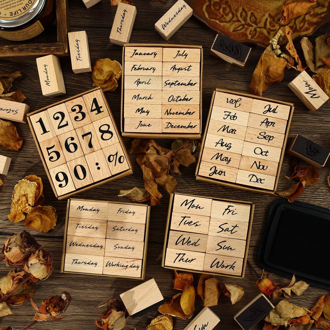 Vintage Wooden Date Week Stamps Set - Monthly, Weekly, Number Stamps ...