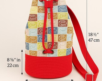 Handmade Red Cotton Cord Boho Backpack, Travel Drawstring Bag