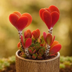 May include: A potted succulent plant with vibrant red, heart-shaped leaves. The plant has white and brown stems and is set in a textured, brown ceramic pot. The background is a soft, blurred green and yellow.