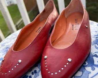 Vintage 1980s Red Leather Flats | Italian Made, Decorative Rivets, Size 5.5M