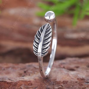 925 Sterling Silver Oxidized Feather Band Adjustable Open Feather Ring Handmade Boho Stackable Unisex Ring Freedom Jewelry Gift For Women