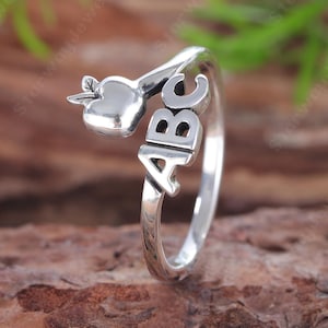 Apple ABC Letter Ring 925 Silver Oxidized Teacher Band Handmade Stackable Ring Teacher Appreciation Jewelry Back To School Gift For Her Now
