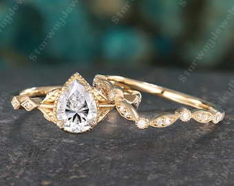 Anillo de compromiso vintage de moissanita talla pera, conjunto de oro amarillo de 14k, anillo de diamantes en racimo, anillo único con forma de hoja, conjunto nupcial, anillo de promesa, anillo de aniversario