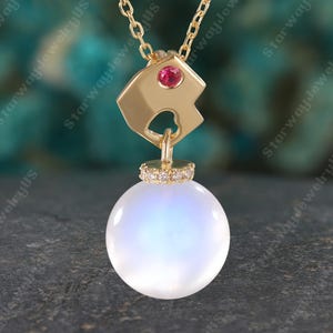 Vintage Moonstone Ruby Pendant Necklace, 14k Gold Dainty Necklace, Natural Diamond Jewelry, Bridal Wedding Gift for Her, Handmade Necklace