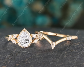Zestaw pierścionków zaręczynowych z moissanitem w szlifie gruszkowym, różowe złoto, vintage, z diamentami i aureolą, unikatowy zakrzywiony pierścionek ślubny markiza dla kobiet