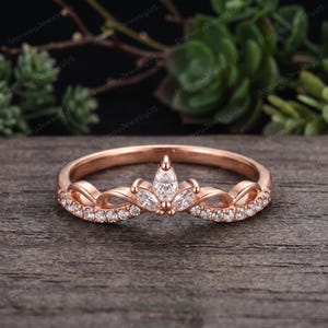 Rose Gold Crown Tiara Curved Wedding Band, Marquise & Pave Round Moissanite Twisted Stackable Contour Bridal Promise Ring For Women