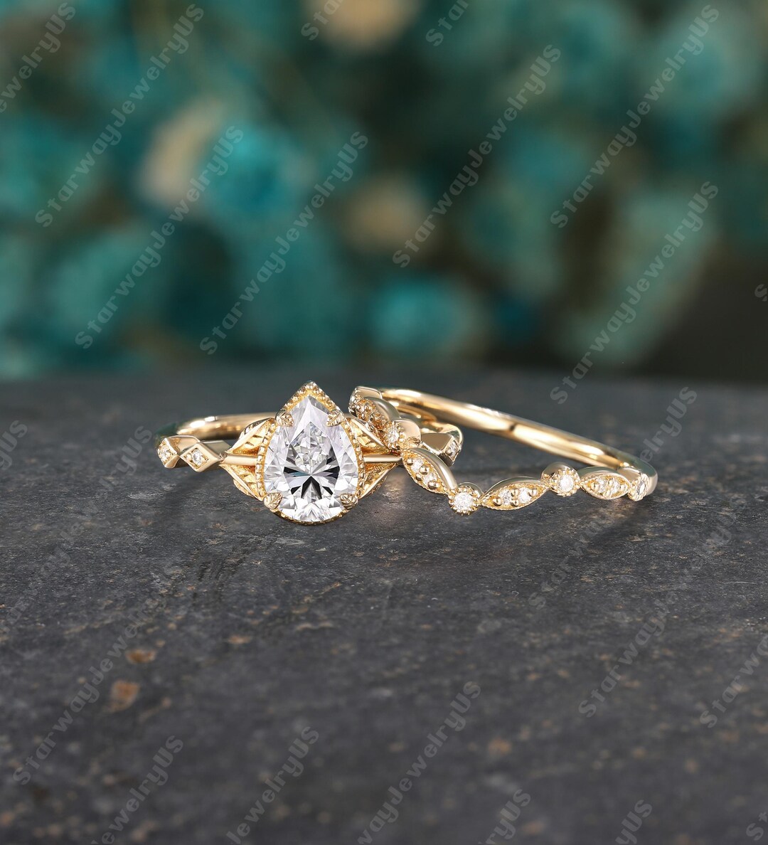 Vintage Pear Cut Moissanite Engagement Ring Set 14k Yellow Gold Cluster ...