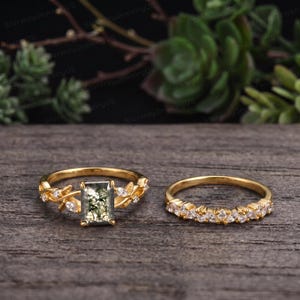 Rectangle Moss Agate Leaf Vine Ring Set Yellow Gold Marquise Moissanite Stackable Bridal Wedding Band Set