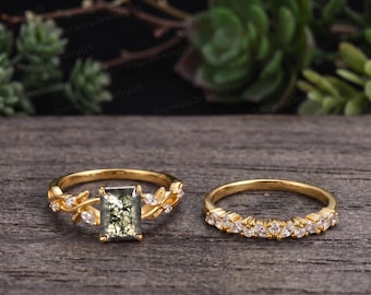Rectangle Moss Agate Leaf Vine Ring Set Yellow Gold Marquise Moissanite Stackable Bridal Wedding Band Set