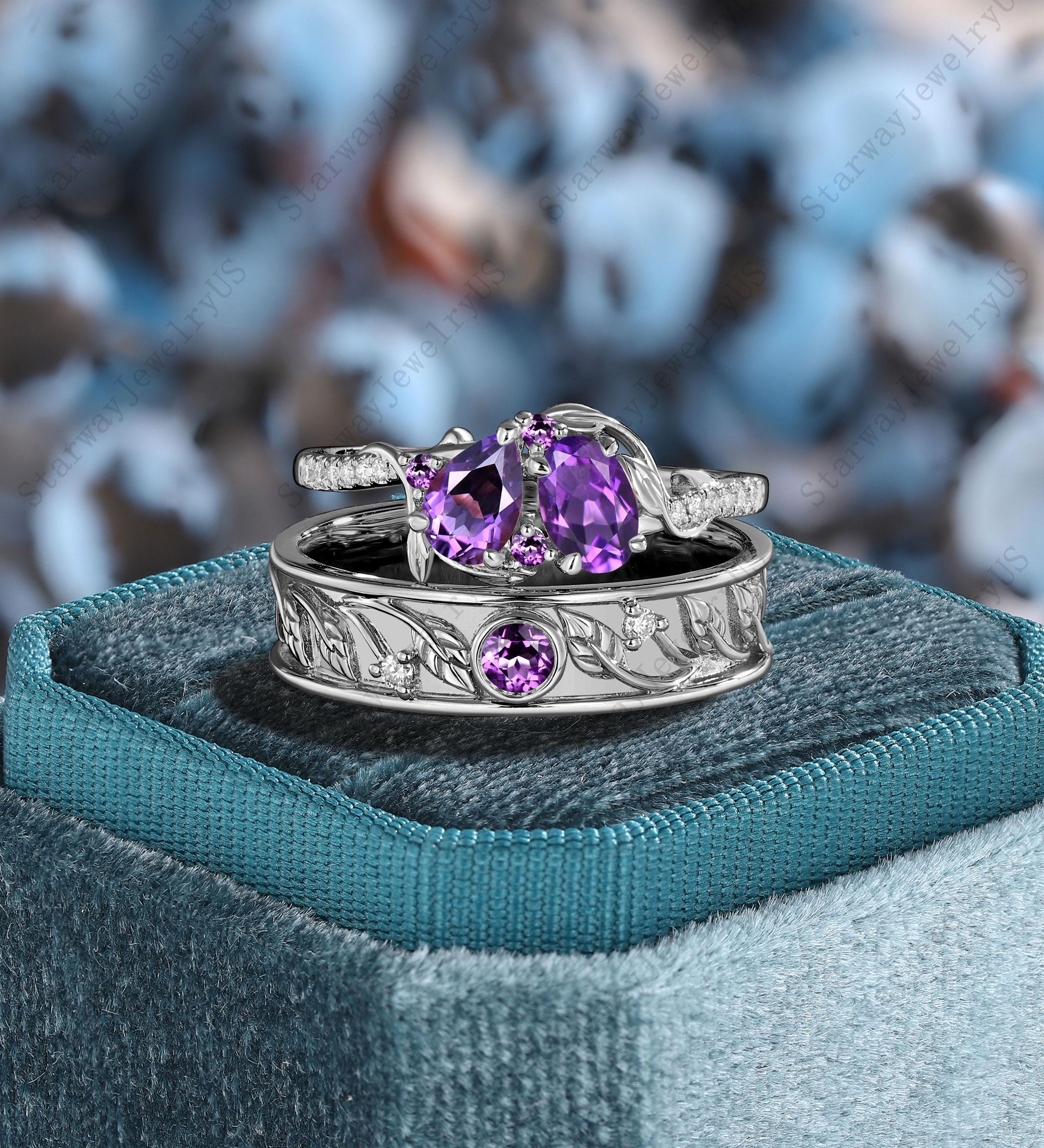 Gothic Black Gold 2pcs Leaf Couple Rings Set Vintage Pear Amethyst