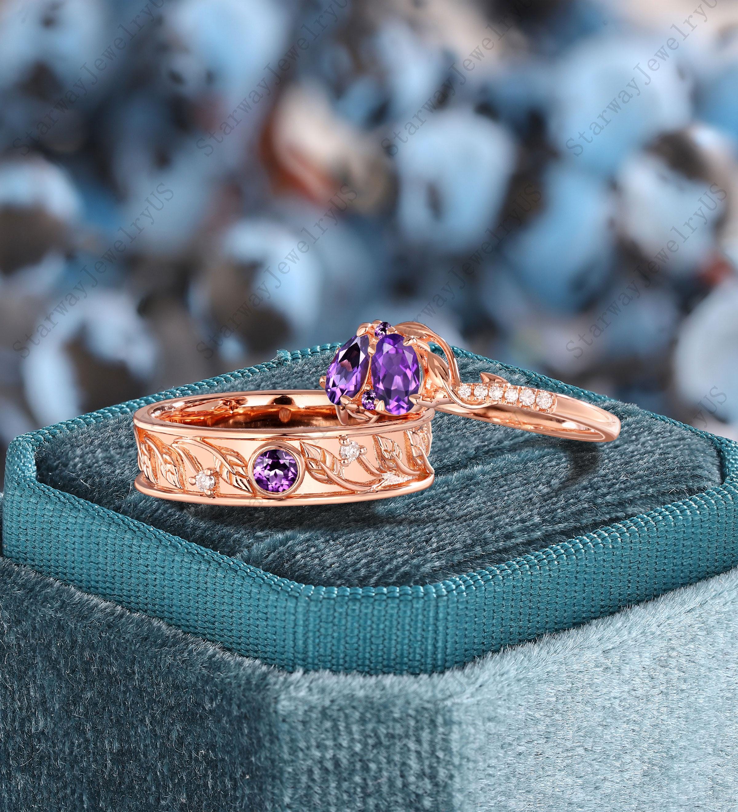 Gothic Black Gold 2pcs Leaf Couple Rings Set Vintage Pear Amethyst