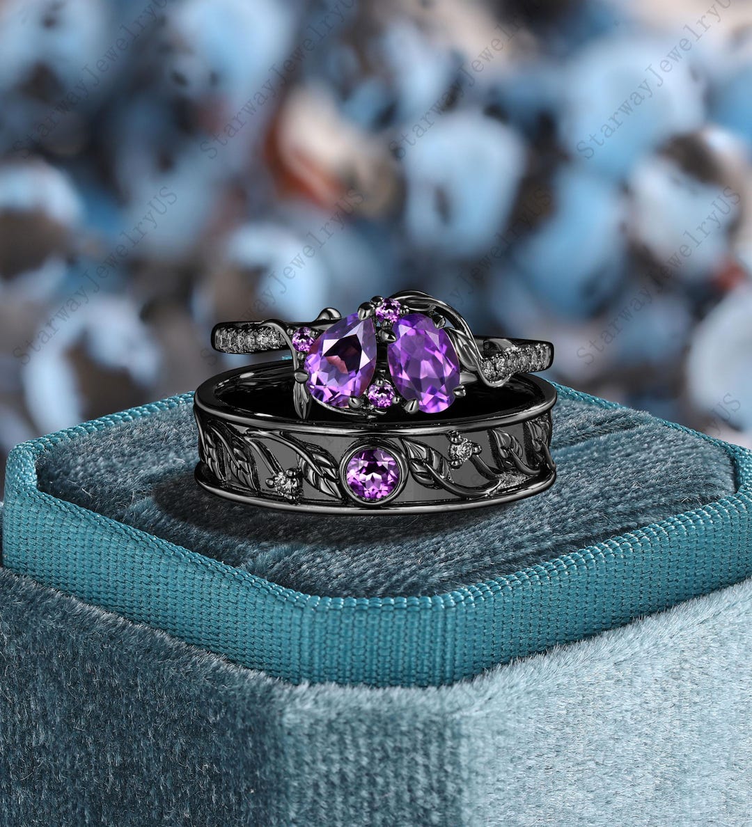 Gothic Black Gold 2pcs Leaf Couple Rings Set Vintage Pear Amethyst