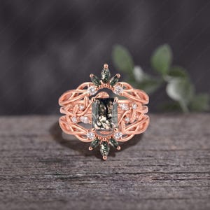 Moss Agate Ring Set Rose Gold Moissanite Bridal Ring Set Nature Inspired Leaf Wedding Band Emerald Cut Gemstone Jewelry Gift For Her