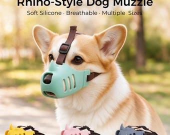 May include: A light green silicone dog muzzle with a rhino-style horn, brown adjustable straps, and ventilation slits. Text reads: Rhino-Style Dog Muzzle, Soft Silicone, Breathable, Multiple Sizes. Additional yellow, pink, and blue muzzles are shown.