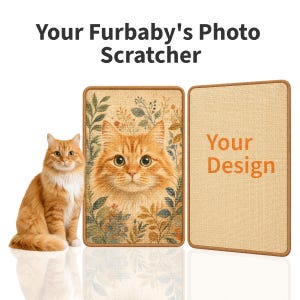 Puede incluir: Dos rascadores rectangulares para gatos con bordes de tela marrón. Uno presenta el retrato impreso de un gato atigrado naranja rodeado de ilustraciones botánicas. El otro es una superficie beige lisa con el texto naranja Your Design.
