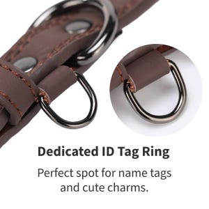 Może przedstawiać: Zbliżenie brązowej sk&oacute;rzanej obroży dla psa ze srebrnym metalowym D-ringiem i nitami. Widoczny jest tekst "Dedicated ID Tag Ring" wraz z tekstem "Perfect spot for name tags and cute charms."