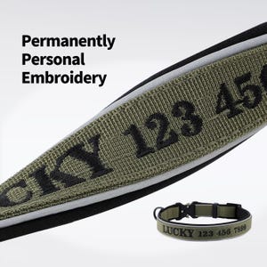 K&ouml;nnte beinhalten: Olivgr&uuml;nes Hundehalsband mit schwarzem, gesticktem Text "LUCKY 123 456 7899". Das Halsband hat einen reflektierenden silbernen Streifen und eine schwarze Schnalle. Der Text "Permanently Personal Embroidery" ist ebenfalls sichtbar.
