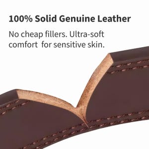 Może przedstawiać: Zbliżenie na brązową sk&oacute;rę, ukazujące fakturę i szwy. Tekst głosi "100% Solid Genuine Leather" i "No cheap fillers. Ultra-soft comfort for sensitive skin."