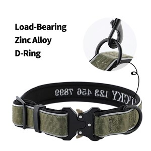 K&ouml;nnte beinhalten: Ein olivgr&uuml;nes Hundehalsband mit schwarzer Schnalle und D-Ring. Das Halsband hat reflektierende N&auml;hte und den Text "LUCKY" in Wei&szlig;. Das Bild zeigt auch den Text "Load-Bearing", "Zinc Alloy" und "D-Ring".