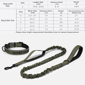 K&ouml;nnte beinhalten: Ein olivgr&uuml;nes Hundehalsband- und Leinen-Set. Das Halsband tr&auml;gt den Text "LUCKY 123-456" und eine schwarze Schnalle. Die Leine ist im Bungee-Stil mit einem schwarzen Griff. Das Bild enth&auml;lt auch eine Gr&ouml;&szlig;entabelle.