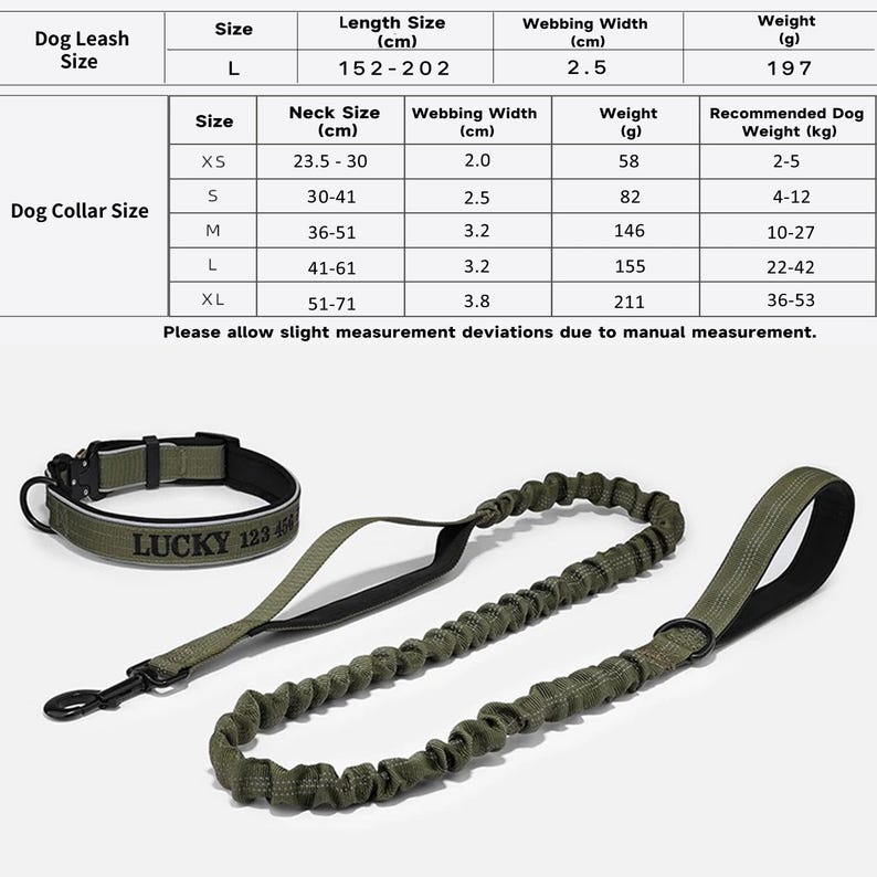 K&ouml;nnte beinhalten: Ein olivgr&uuml;nes Hundehalsband- und Leinen-Set. Das Halsband tr&auml;gt den Text "LUCKY 123-456" und eine schwarze Schnalle. Die Leine ist im Bungee-Stil mit einem schwarzen Griff. Das Bild enth&auml;lt auch eine Gr&ouml;&szlig;entabelle.