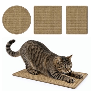 May include: A brown tabby cat stretches its front paws across a rectangular tan sisal scratching mat. Above the cat, three additional tan sisal scratching mats are displayed: one circular, one square, and one rectangular, all with bound edges.