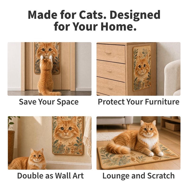 May include: A rectangular cat scratcher mat featuring a printed illustration of an orange tabby cat face surrounded by botanical foliage. The mat is shown mounted on a door, attached to a wooden cabinet, hung on a wall, and placed on the floor for lounging.