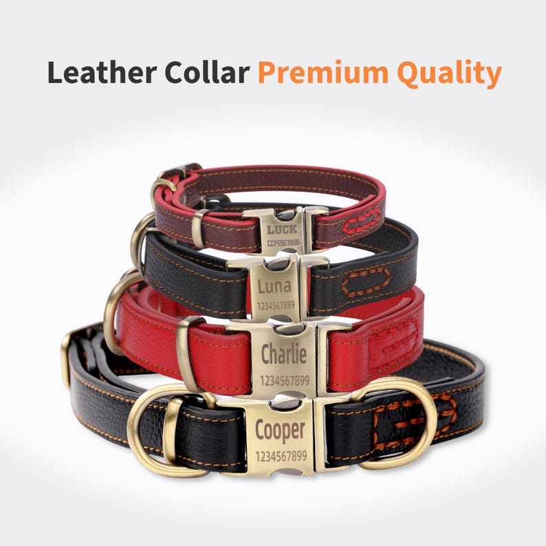 Collar de perro, collar de perro de cuero genuino, collar de perro personalizado, collar de perro de cuero grabado con nombre y número de teléfono imagen 1