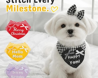 personalized Embroidered Dog Bandana with Detachable Bow, Custom Name Triangle Pet Scarf, Dog Birthday Bandana, Puppy Gift,