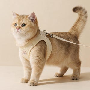 Può includere: Un gatto dal pelo dorato indossa una pettorina a gilet color crema con una piccola toppa ricamata a forma di coniglio sul petto. Un guinzaglio abbinato color crema è fissato a un anello a D in metallo argentato sul retro della pettorina.