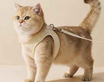 Cremeweißes Katzengeschirr, ausbruchsichere Netzweste für Katzen, weiches, verstellbares Katzengeschirr für Kätzchen, niedliches Haustierzubehör, Geschenk für Katzenmütter, Katzenkleidung
