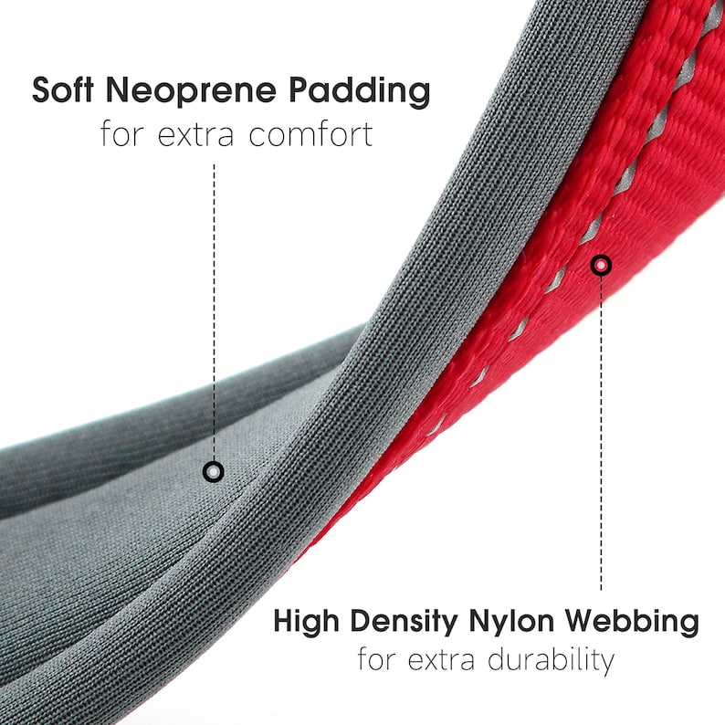 May include: Close-up of a dog collar or leash section. The design features soft gray neoprene padding for comfort and high-density red nylon webbing for durability. Text on the image reads: "Soft Neoprene Padding for extra comfort" and "High Density Nylon Webbing for extra durability."