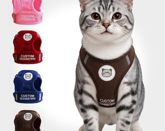Personalisiertes Katzengeschirr, Katzenweste mit Namen und Symbol, Cord-Kätzchengeschirr, reflektierendes, verstellbares Katzen-Spaziergeschirr, Katzengeschenk