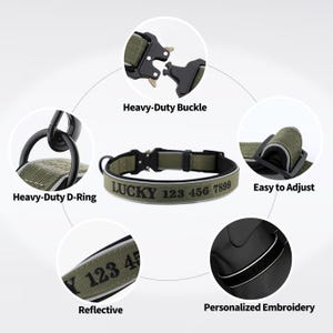 K&ouml;nnte beinhalten: Olivgr&uuml;nes Hundehalsband mit robuster Schnalle und D-Ring. Der Kragen hat reflektierende Zierleisten, personalisierte Stickereien und den Text "LUCKY 123 456 7899". Es ist leicht einzustellen.