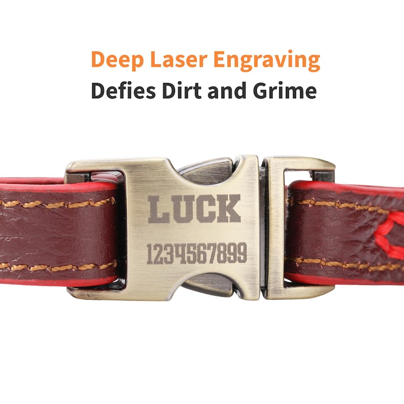 Puede incluir: Primer plano de un collar de perro de cuero marr&oacute;n con una hebilla de metal. La hebilla est&aacute; grabada con la palabra "LUCK" y un n&uacute;mero de tel&eacute;fono. El collar tiene costuras rojas y el texto "Deep Laser Engraving Defies Dirt and Grime".