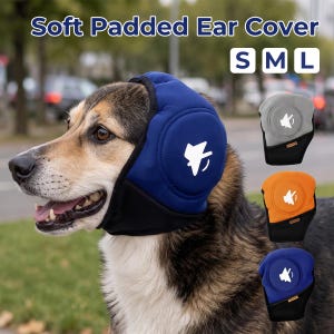 Puede incluir: Una orejera acolchada azul usada por un perro, con un icono de silencio blanco. El texto Soft Padded Ear Cover y S M L son visibles. Orejeras adicionales en gris, naranja y azul se muestran en el lado derecho de la imagen.