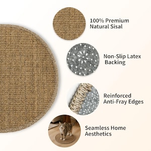 May include: A round tan sisal mat featuring a textured woven surface, a gray non-slip latex backing with white dots, and reinforced stitched edges. The mat is shown in a circular detail view with a cat standing on it, highlighting the material.