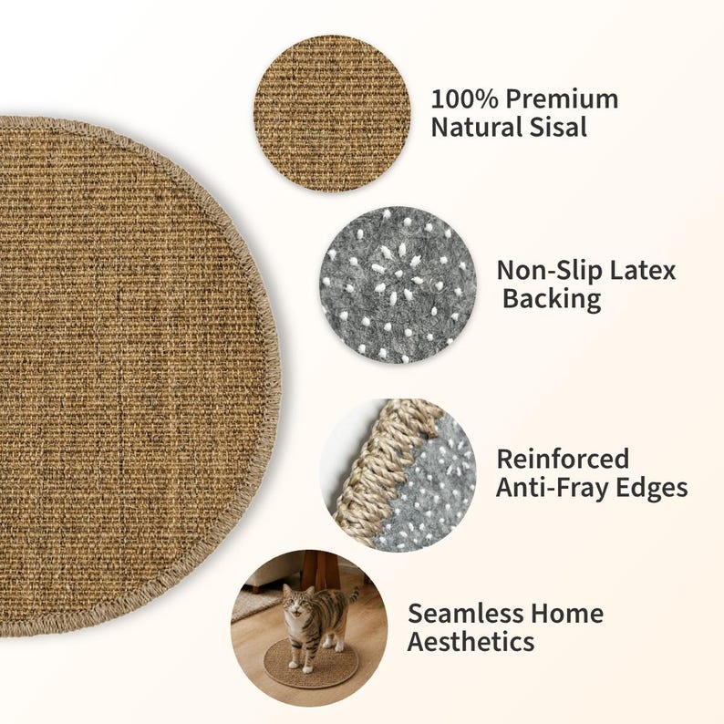 May include: A round tan sisal mat featuring a textured woven surface, a gray non-slip latex backing with white dots, and reinforced stitched edges. The mat is shown in a circular detail view with a cat standing on it, highlighting the material.