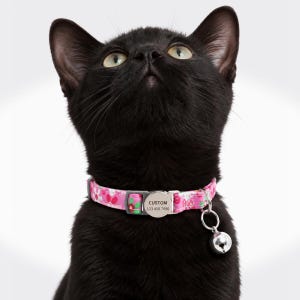 May include: A black cat wearing a pink floral patterned collar with a silver-toned metal tag engraved with the text CUSTOM 123 456 7890 and a small round silver bell attached to a metal ring, providing a clear view of the pet accessory.