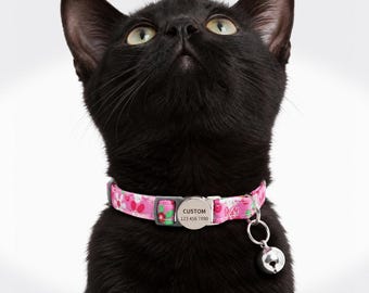 Personalisiertes Katzenhalsband mit Glöckchen, graviertes Sicherheitshalsband mit Sicherheitsverschluss, personalisiertes Katzenhalsband mit Blumenmuster, verstellbares Kätzchenhalsband, Geschenk für Katzenliebhaber