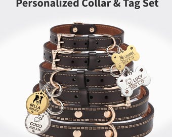 Halsband, lederen halsband met naamplaatje, op maat gemaakt gepersonaliseerd huisdier-ID-tag, gegraveerde leren halsband met naam en telefoonnummer