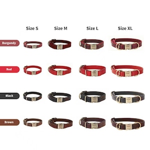 Puede incluir: Una cuadr&iacute;cula de collares para mascotas en burdeos, rojo, negro y marr&oacute;n, organizados por tallas S, M, L y XL. Cada collar cuenta con una hebilla met&aacute;lica con texto grabado. Los collares var&iacute;an en ancho y largo seg&uacute;n las tallas.
