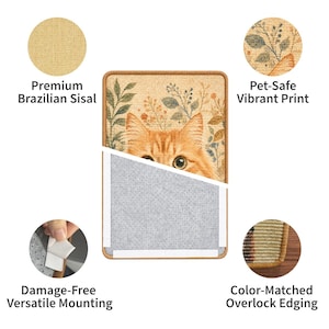 May include: A rectangular sisal scratching mat featuring a printed orange cat face surrounded by botanical illustrations. The mat includes color-matched overlock edging, a grey backing with adhesive strips for mounting, and a textured surface.