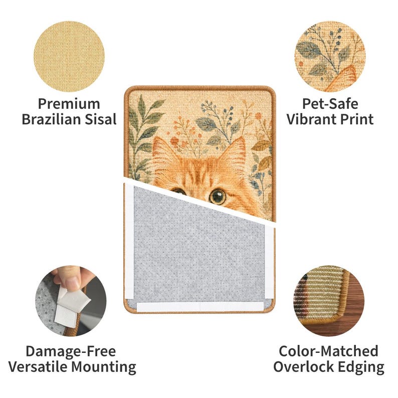 May include: A rectangular sisal scratching mat featuring a printed orange cat face surrounded by botanical illustrations. The mat includes color-matched overlock edging, a grey backing with adhesive strips for mounting, and a textured surface.